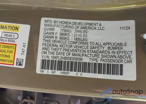 2025 Honda Civic Sport из США, поврежденный, VIN 19XFL2H89SE008096